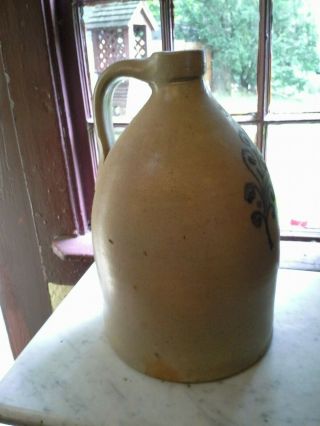 ANTIQUE TWO GALLON HANDLED STONEWARE JUG WITH THICK SLIP COBALT DESIGN 5
