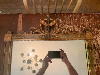 Antique Mirror In Ornate Gesso Wood Frame Winged Torch Wreath Star Design