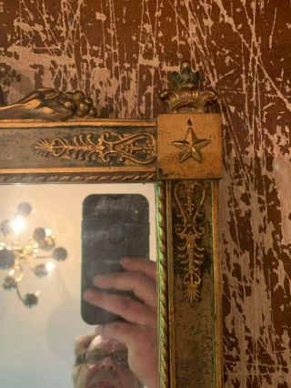Antique Mirror In Ornate Gesso Wood Frame Winged Torch Wreath Star Design 5