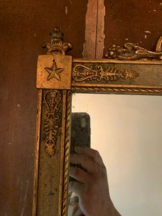 Antique Mirror In Ornate Gesso Wood Frame Winged Torch Wreath Star Design 6