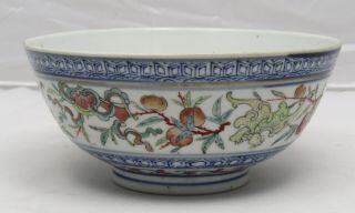 Chinese Guangxu Period Blue White Famille Rose Bowl,  Peaches,  Bats,  Dragon