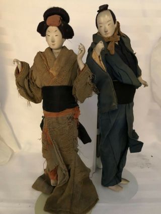 Antique Japanese Kabuki Dolls Ningyo Edo Period Pair Very Rare.
