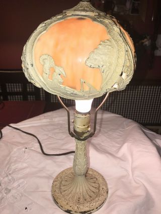 Rare Antique Salem Bros No 5 Arts&craft Slag Glass Ladies Dog Boudoir Lamp