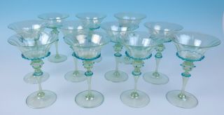 11 Antique Venetian Uranium Glass Cocktail Martini Wine Iridescent Glasses Italy 2