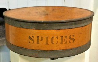 Antique Shaker Round Spice Box Metal Rim
