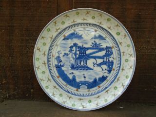 Chinese Canton Blue White Rice Pattern Plate Over Glazed Enamels Unusual Nr