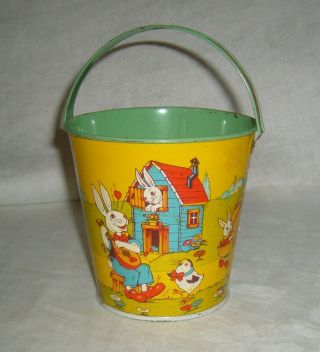 Vintage Chein Tin Litho Toy Pail Halloween Candy Container W/ Pumpkin,  Bunnies