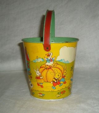 VINTAGE CHEIN TIN LITHO TOY PAIL HALLOWEEN CANDY CONTAINER W/ PUMPKIN,  BUNNIES 2