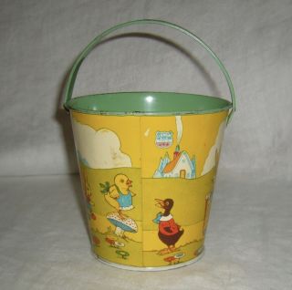 VINTAGE CHEIN TIN LITHO TOY PAIL HALLOWEEN CANDY CONTAINER W/ PUMPKIN,  BUNNIES 3