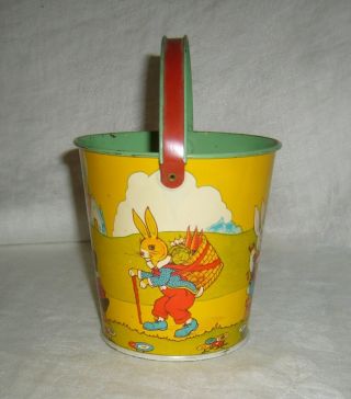 VINTAGE CHEIN TIN LITHO TOY PAIL HALLOWEEN CANDY CONTAINER W/ PUMPKIN,  BUNNIES 5