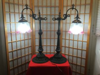 Antique Art Nouveau Cast Iron Desk Office Table Top Bridge Lamp Ruffled Shade