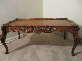 Antique Inlaid Wood Coffee Center Table And Cherubs Flamboyant Hollywood Accent
