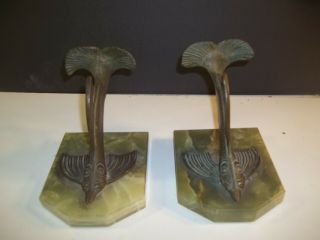 Vintage Rare Pair Bronze Sturgeon Bookends With Green Onyx Base