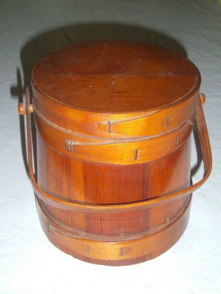 Small Primitive Wood Firkin Sugar Bucket Swing Peg Handle Mohawk Trail Ma 1940