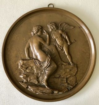 Antique Bronze Wall Plaque Cupid W/love Arrow And Psyche Valentines Day Lover