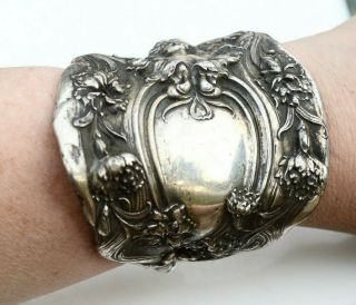Antique Art Nouveau Silver Cuff Bracelet Goddess Gladiator Wide Floral Bracer
