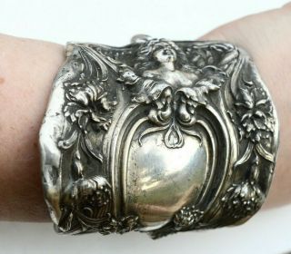 Antique Art Nouveau Silver Cuff Bracelet Goddess Gladiator Wide Floral Bracer 2