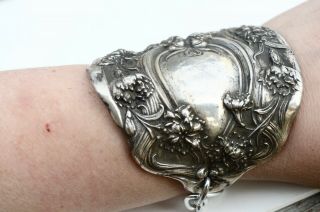 Antique Art Nouveau Silver Cuff Bracelet Goddess Gladiator Wide Floral Bracer 7