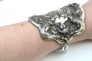 Antique Art Nouveau Silver Cuff Bracelet Goddess Gladiator Wide Floral Bracer 8