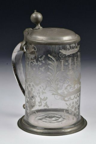 18th Century George Iii English Hand Engraved Lidded Stein With Horse & Flowers