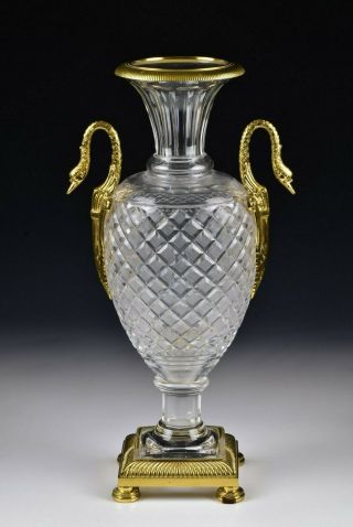 Ormolu Mounted French Art Glass Vase With Swan Handles Possibly Baccarat
