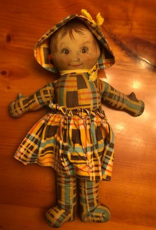 Antique 1920s Handmade Doll W/ Bonnet Primitive Folk Art Americana Stuffed Toy