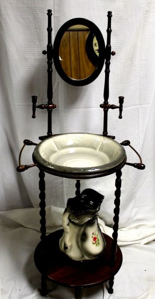 Vintage American Jacobean Revival Cherry Wash Stand With Mirror,  Pitcher & Bowl