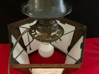 19TH C.  GERMAN AESTHETIC BRONZED METAL OIL LAMP W/ 5 PANEL PPM LITHOPHANE SHADE 10