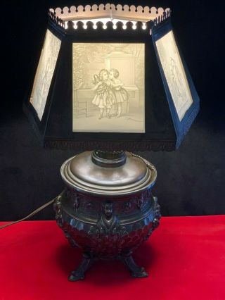 19th C.  German Aesthetic Bronzed Metal Oil Lamp W/ 5 Panel Ppm Lithophane Shade