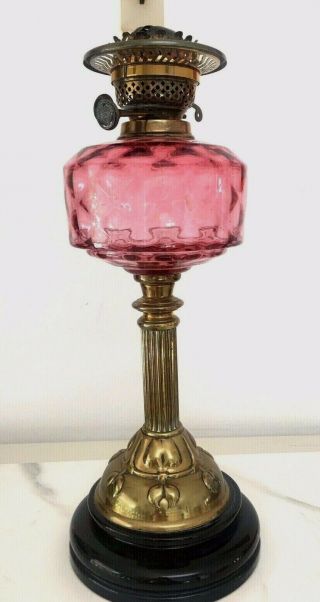 Large Antique Pink Cranberry And Art Nouveau Oil Lamp