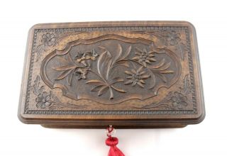 Antique Black Forest Carved Music Box with German Songs,  Edelweiss Flowers 2