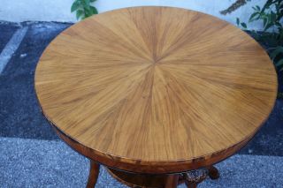 Italian Olive Wood Bookmatched Round Center,  Accent Table With Ram ' s Heads 10