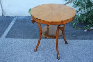 Italian Olive Wood Bookmatched Round Center,  Accent Table With Ram ' s Heads 2
