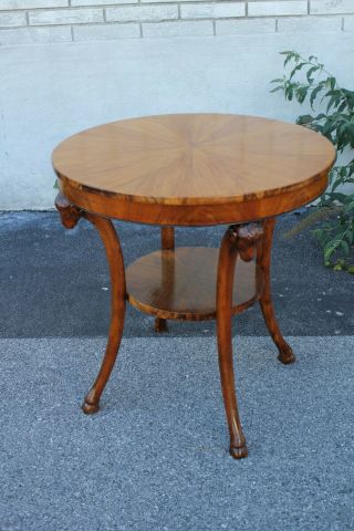 Italian Olive Wood Bookmatched Round Center,  Accent Table With Ram ' s Heads 3