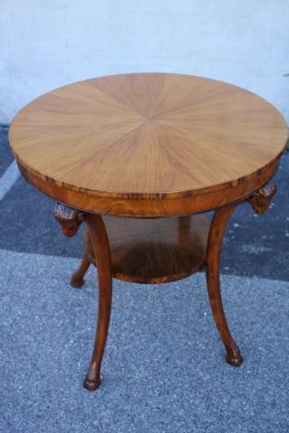 Italian Olive Wood Bookmatched Round Center,  Accent Table With Ram ' s Heads 4