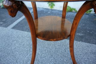 Italian Olive Wood Bookmatched Round Center,  Accent Table With Ram ' s Heads 6