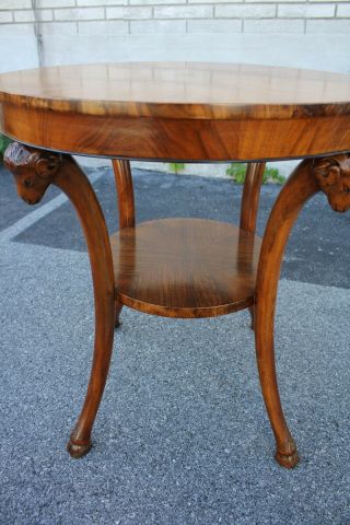 Italian Olive Wood Bookmatched Round Center,  Accent Table With Ram ' s Heads 8