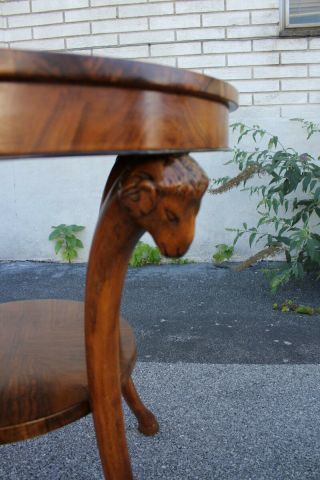 Italian Olive Wood Bookmatched Round Center,  Accent Table With Ram ' s Heads 9