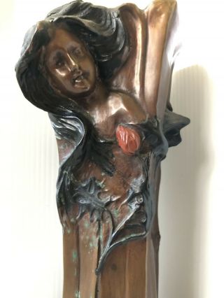 Authentic Art Nouveau Deco Huge Copper Vase Signed C.  1920 Woman Roses 2