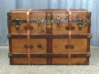 Large Professionally Restored Antique Wood Flat Top Steamer Trunk 36 " X22 " X24 "