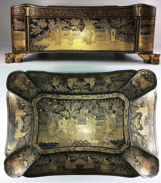 Antique Victorian Era Asian Chinoise Hp Lacquer Sewing Box,  Chest,  Dragon Feet