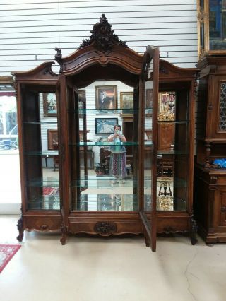 Antique 3 Door French Walnut Armoire Cabinet Bookcase Display China Cabinet 10