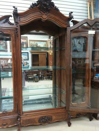 Antique 3 Door French Walnut Armoire Cabinet Bookcase Display China Cabinet 11