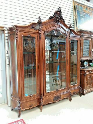 Antique 3 Door French Walnut Armoire Cabinet Bookcase Display China Cabinet
