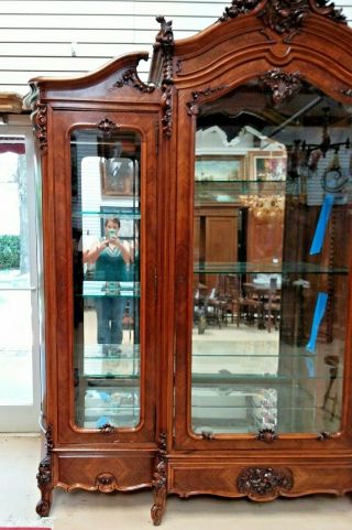 Antique 3 Door French Walnut Armoire Cabinet Bookcase Display China Cabinet 2