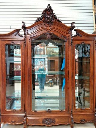 Antique 3 Door French Walnut Armoire Cabinet Bookcase Display China Cabinet 3