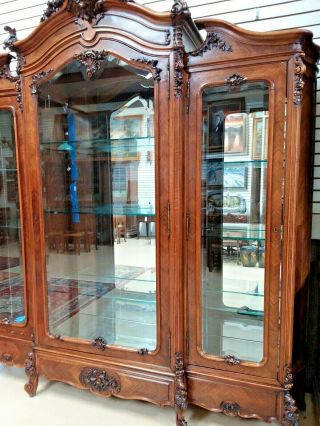 Antique 3 Door French Walnut Armoire Cabinet Bookcase Display China Cabinet 4