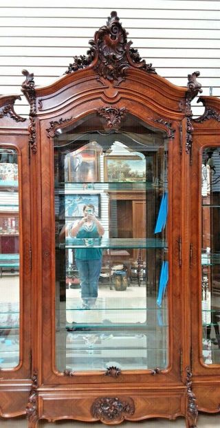 Antique 3 Door French Walnut Armoire Cabinet Bookcase Display China Cabinet 7