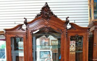 Antique 3 Door French Walnut Armoire Cabinet Bookcase Display China Cabinet 8