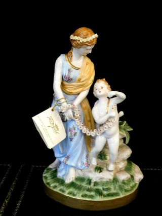 Estate Rare Large Porcelain Figurine Of A Lady And Flower Cupid - Marked